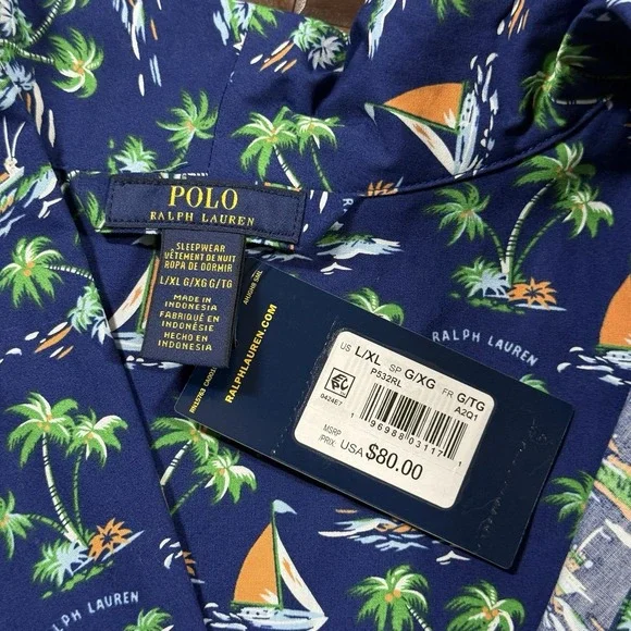Polo Ralph Lauren Mens Size L / XL Blue Tropical Sailboat Print 100% Cotton Robe - Picture 8 of 13